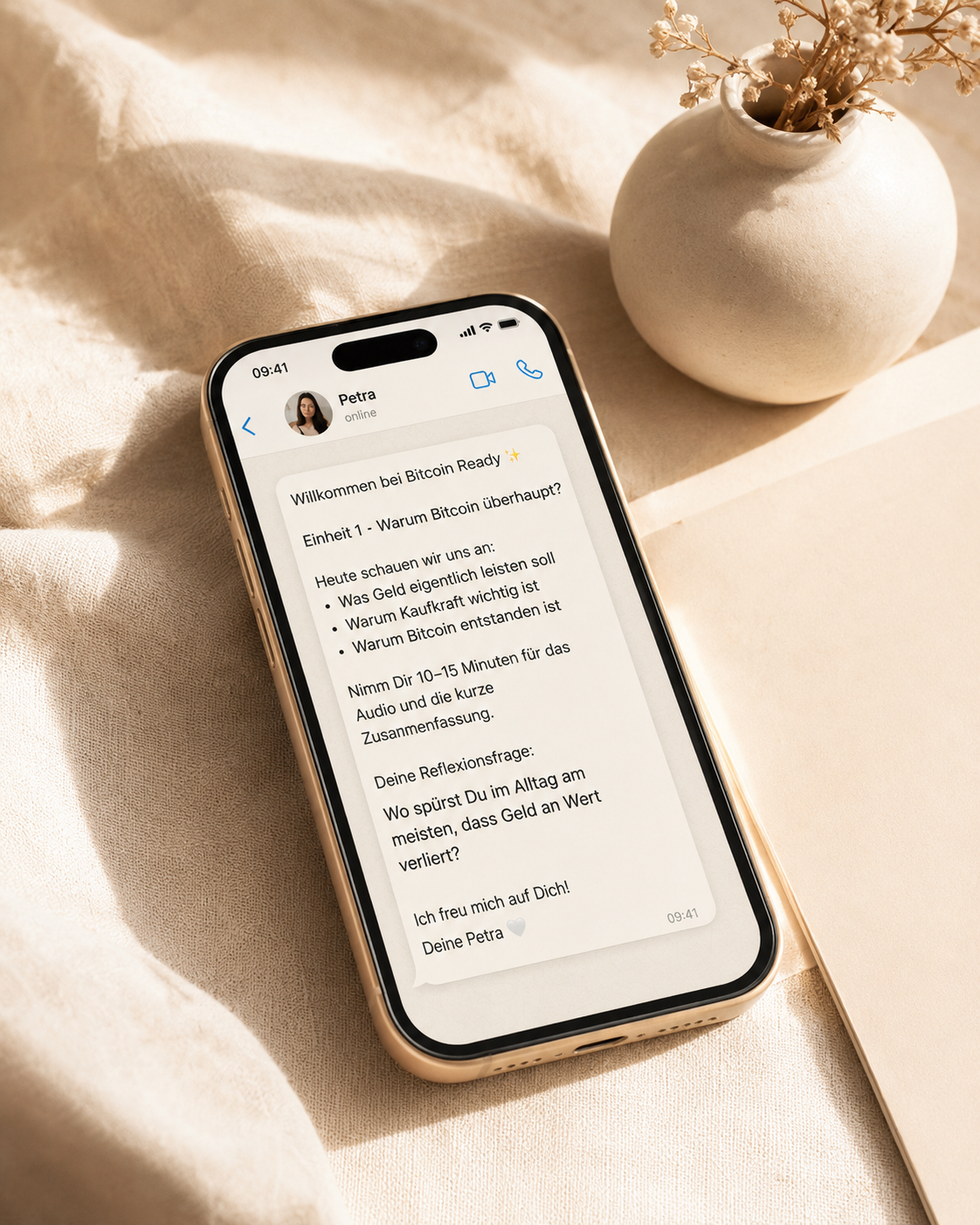 Bitcoin Ready Lerneinheit als WhatsApp Nachricht auf dem Handy